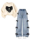 Cakaner Girls Clothes 2 Piece Fall Outfit Set Bow Long Sleeve Top and Denim Jeans Size 6-12
