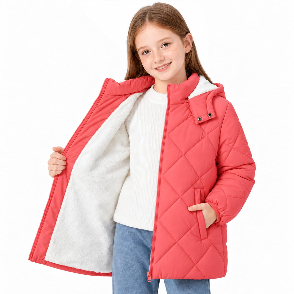 Funnycokid Girls Winter Coat Fleece Lined Hooded Puffer Jacket Warm Outwear