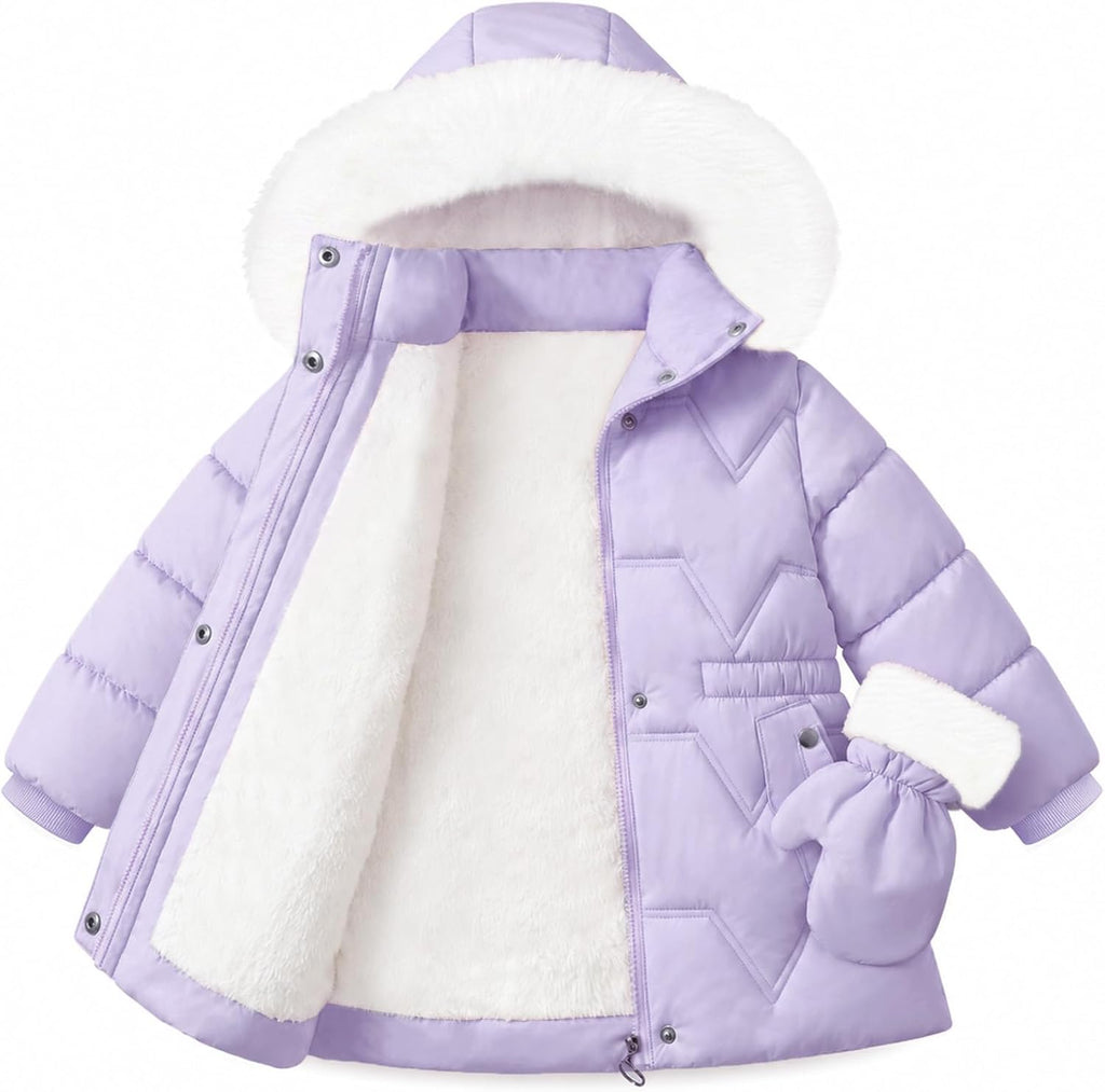 Girls Winter Coat, Faux Fur Hooded Puffer Parka, Waterproof Warm Outerwear