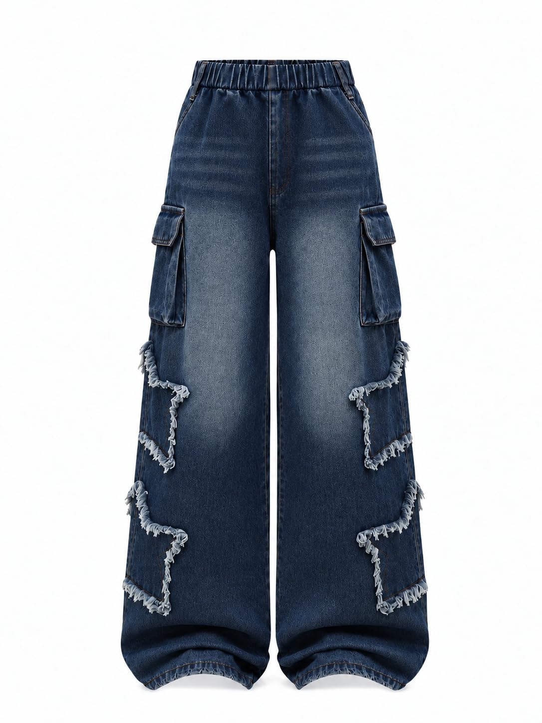 Girls Wide Leg Jeans Elastic Waist Baggy Denim Cargo Pants Size 7-14