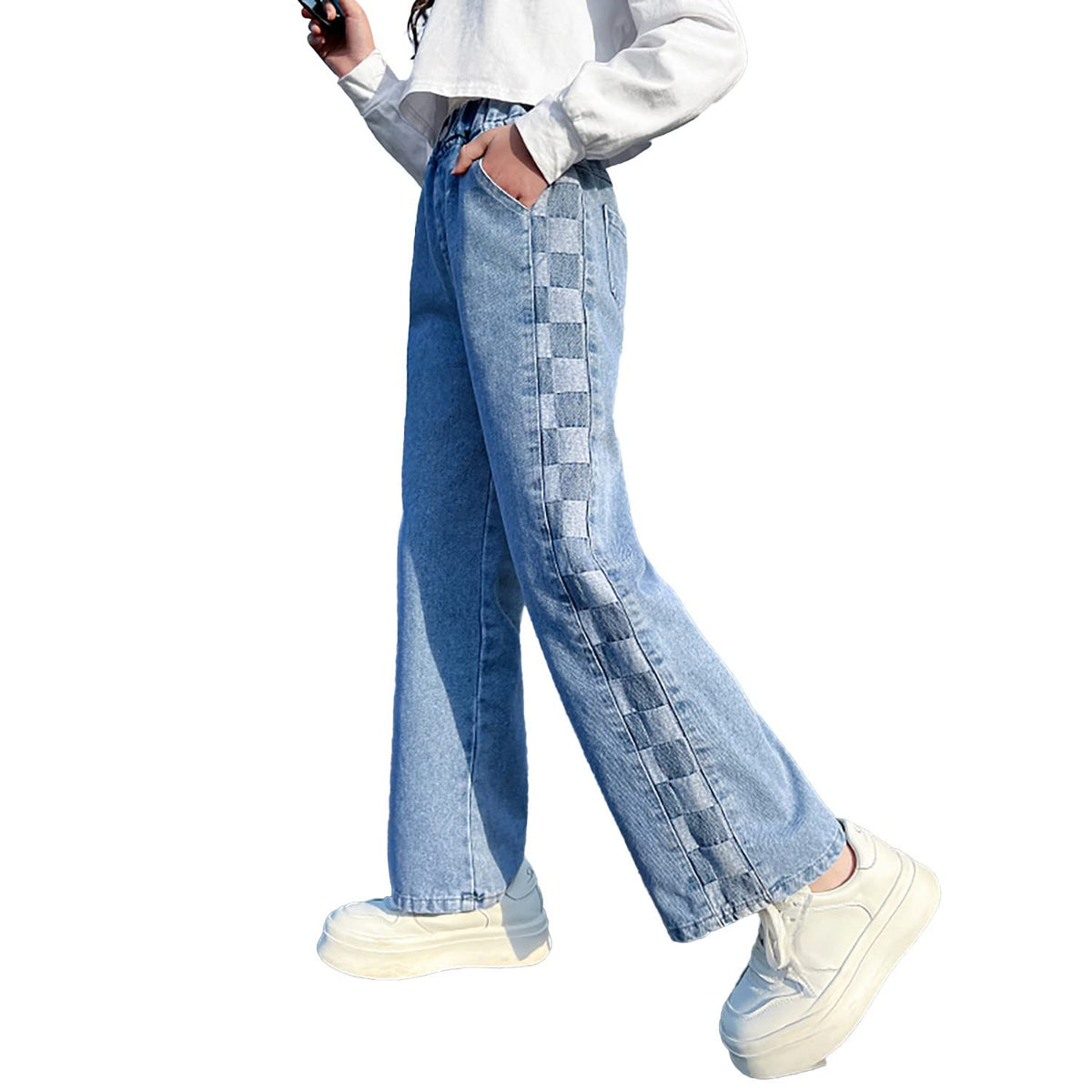 Rolanko Girls Jeans Denim Elastic Wasit Wide Leg Baggy Pants Kids Clothes 4-14 Years