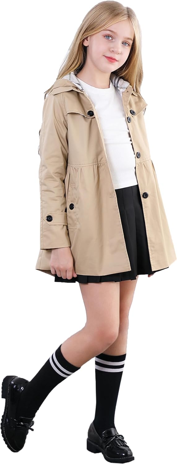Betusline Girl's Single Breasted Trench Coat Hooded Dress Coat Outerwear