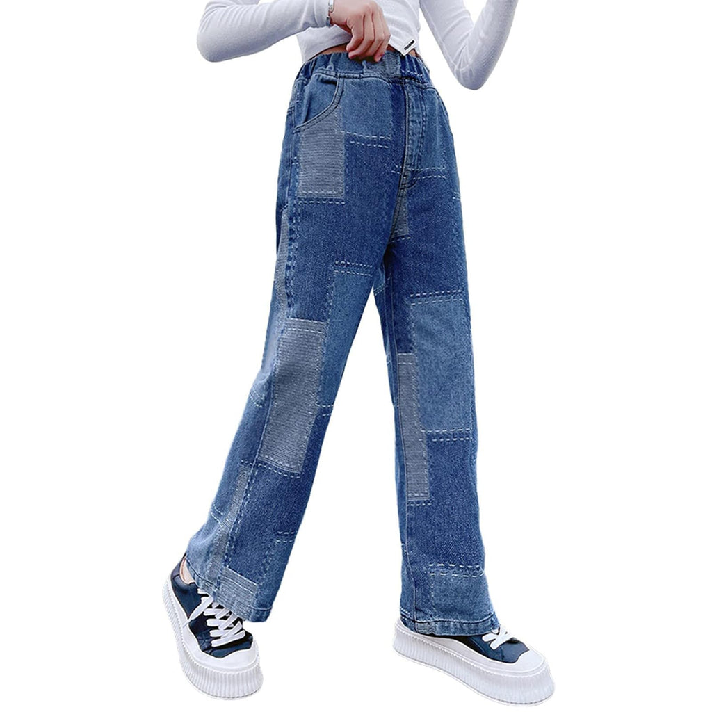 Rolanko Girls Jeans Denim Elastic Wasit Wide Leg Baggy Pants Kids Clothes 4-14 Years
