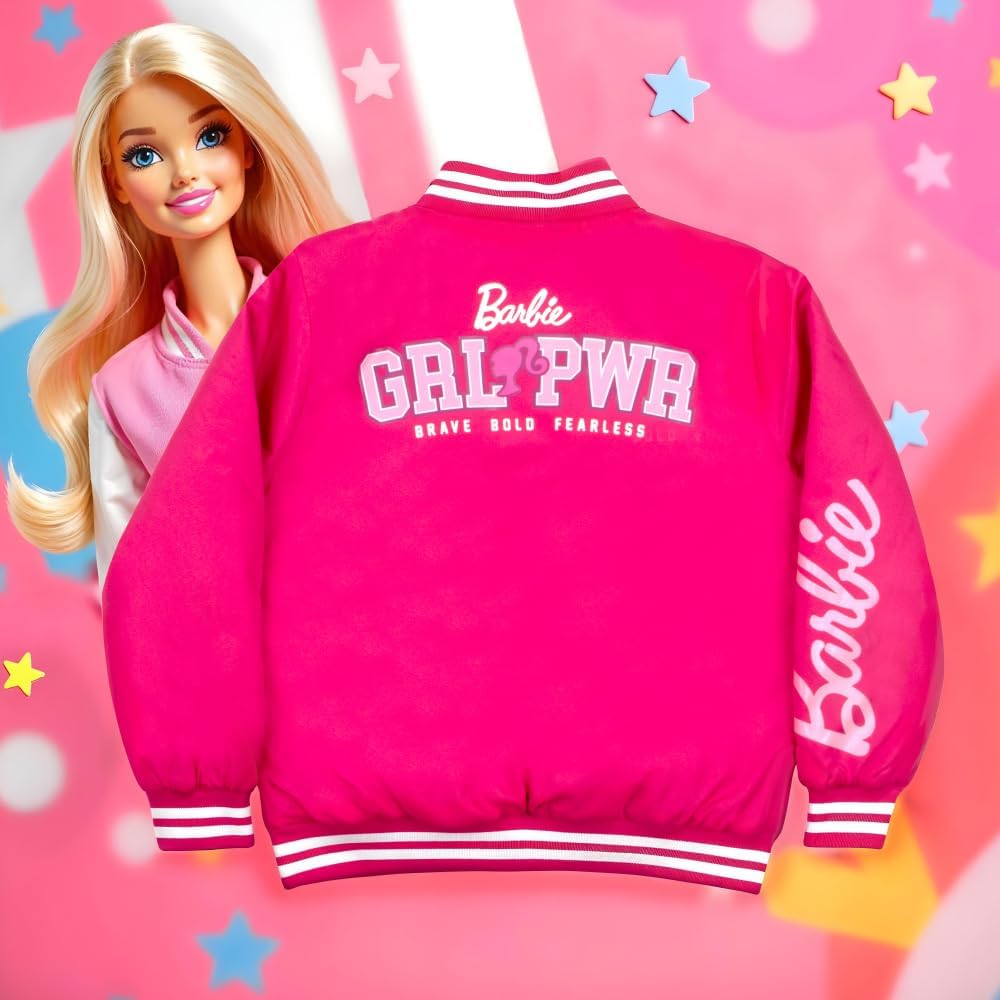 Barbie Girls Bomber Jacket - Zip-Up Varsity Jacket with Girl Power Outerwear