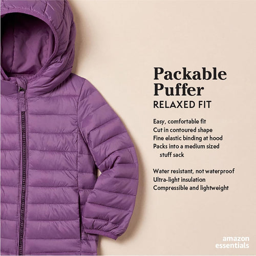 Amazon Essentials Girls and Toddlers' Lightweight Water-Resistant Packable Hooded Puffer Jacket