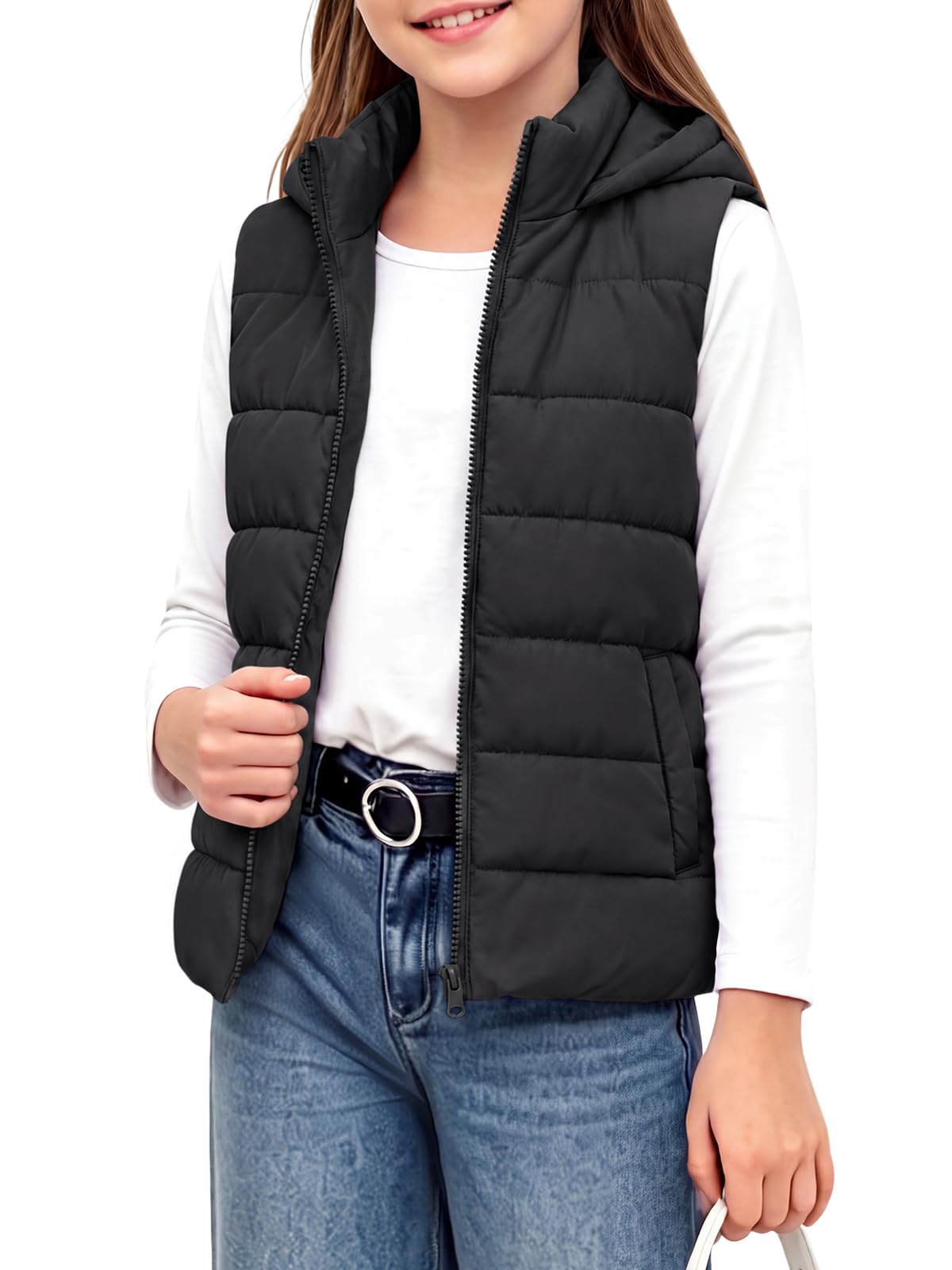 Haloumoning Girls Hooded Puffer Vest Sleeveless Quilted Outerwear Jacket