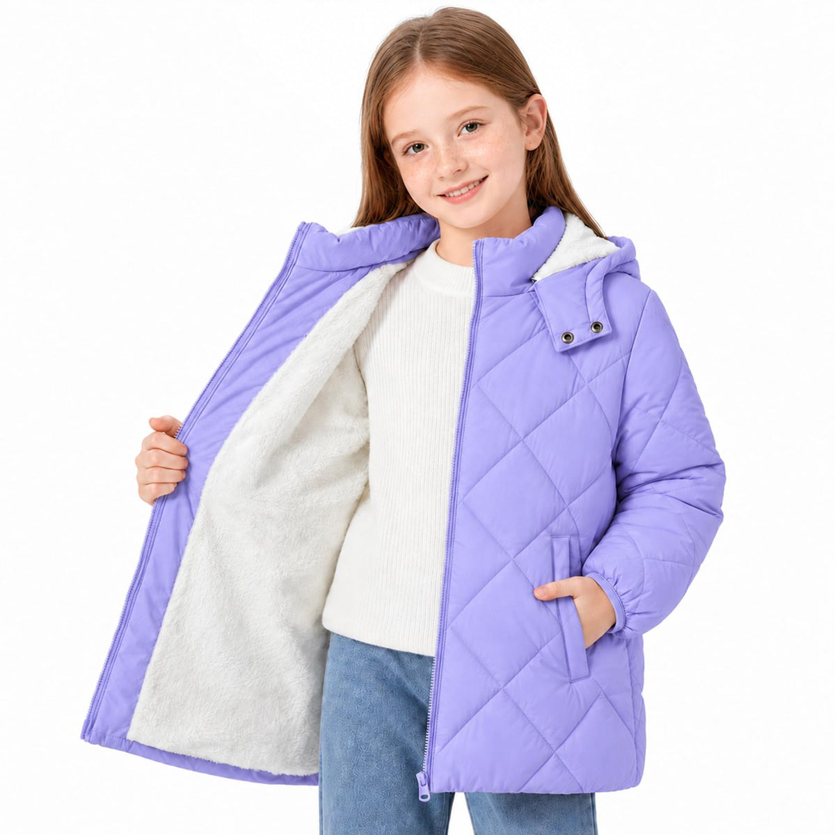 Funnycokid Girls Winter Coat Fleece Lined Hooded Puffer Jacket Warm Outwear