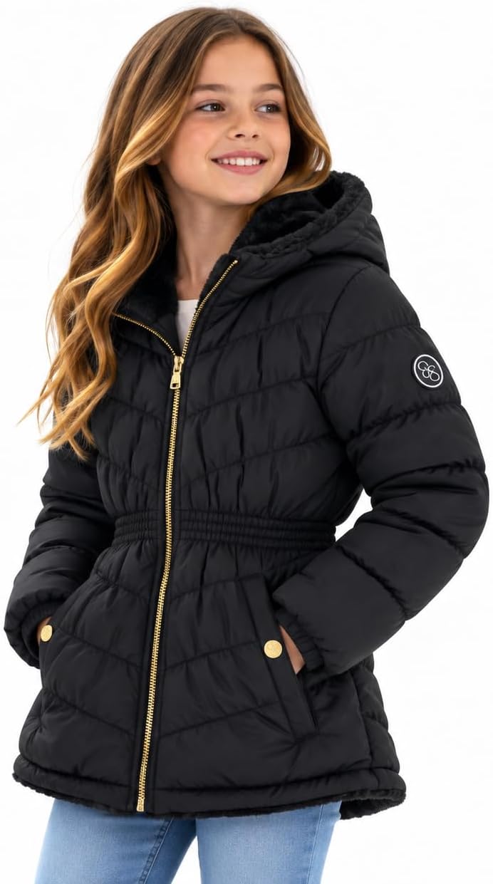 Jessica Simpson Girls Heavyweight Cinched Puffer Faux Fur Zip Hooded Coat