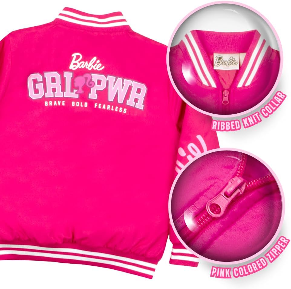 Barbie Girls Bomber Jacket - Zip-Up Varsity Jacket with Girl Power Outerwear