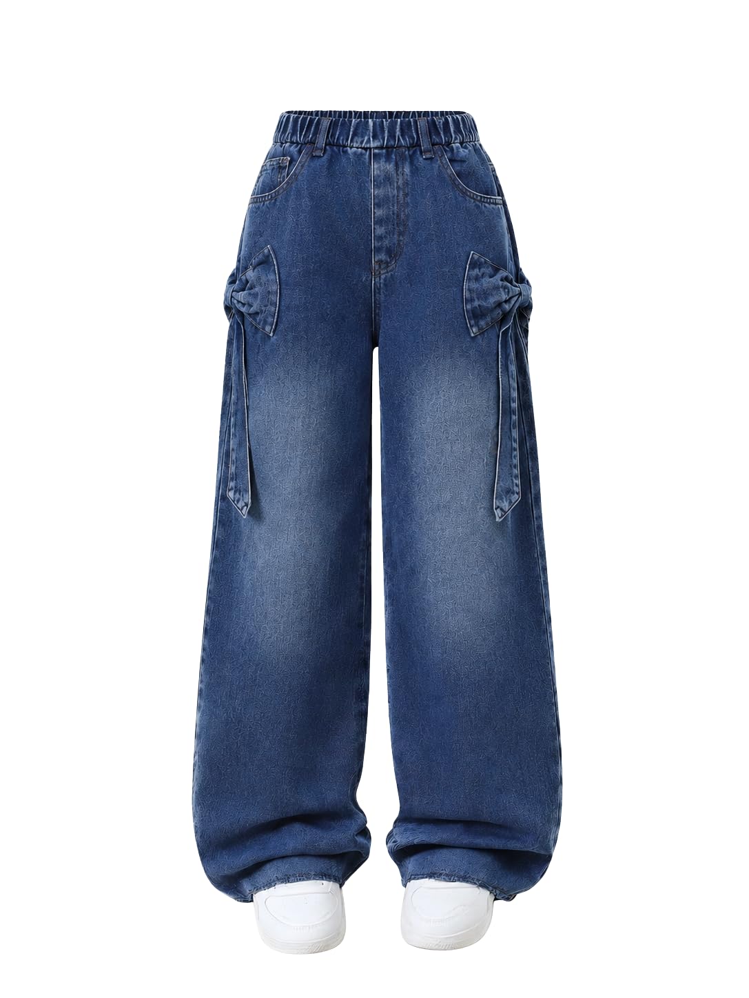 Tween Girls' Jeans Casual Elastic Waist Straight-Leg Denim Pants with Bowknot for Girls Y2K Boyfriend Skater Streetwear 7-14Y