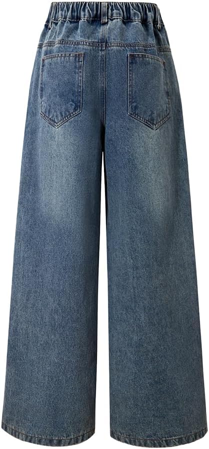 Nivne Tco Tween Girls Wide Leg Jeans, Zipper Washed Asymmetrical Waist Vintage Baggy Denim Pants with Five Pockets