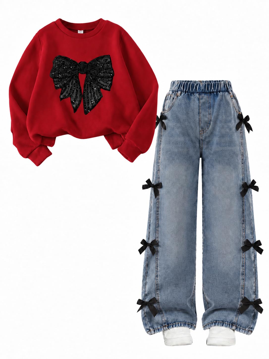 Cakaner Girls Clothes 2 Piece Fall Outfit Set Bow Long Sleeve Top and Denim Jeans Size 6-12