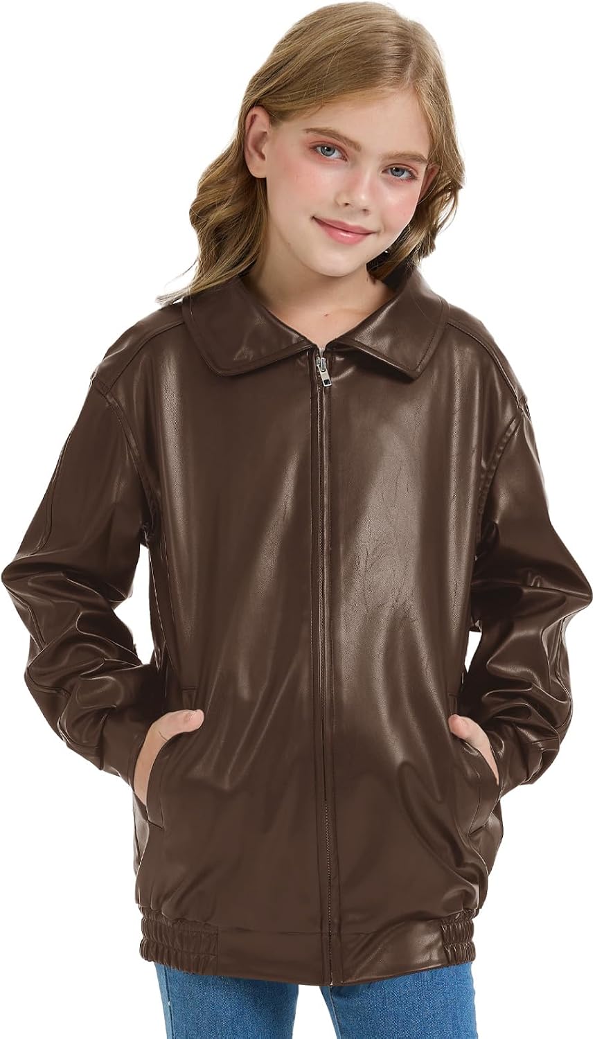 CharmWM Girls Oversized Faux Leather Jackets Kids Zip Up Fall Winter Motorcycle Biker Coats Outerwear