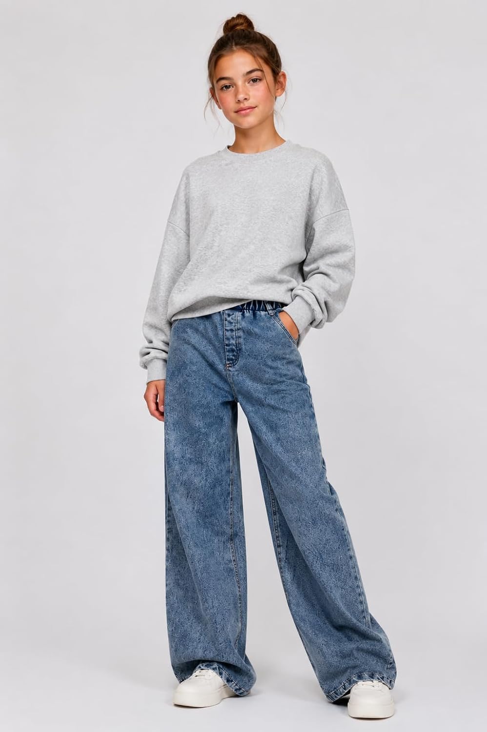 Girls 2 Pack Jeans Wide Leg High Waist Denim Pants with Elastic Waist, Loose Fit Jeans for School Size 7-16