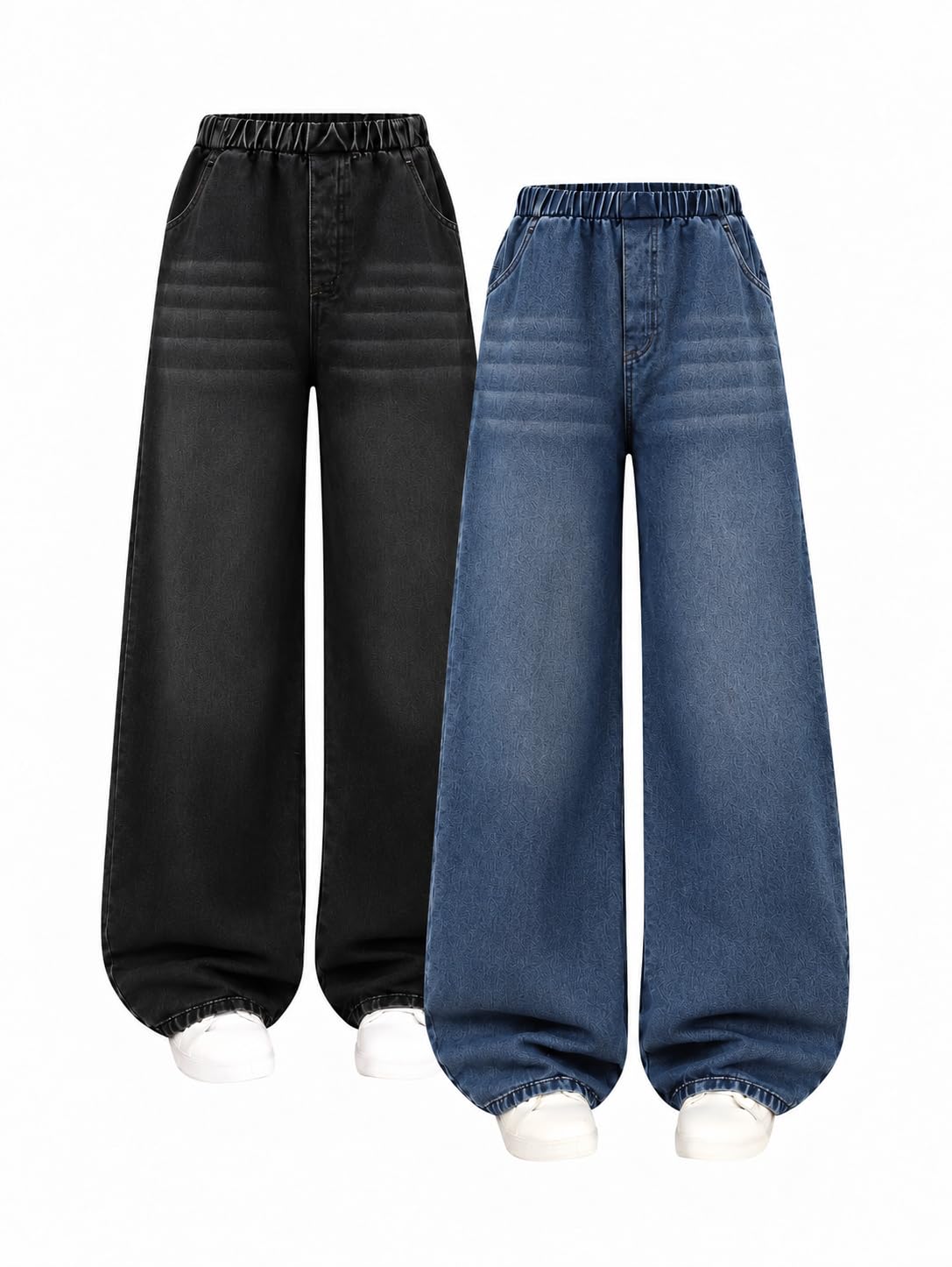 Girls 2 Pack Jeans Wide Leg High Waist Denim Pants with Elastic Waist, Loose Fit Jeans for School Size 7-16