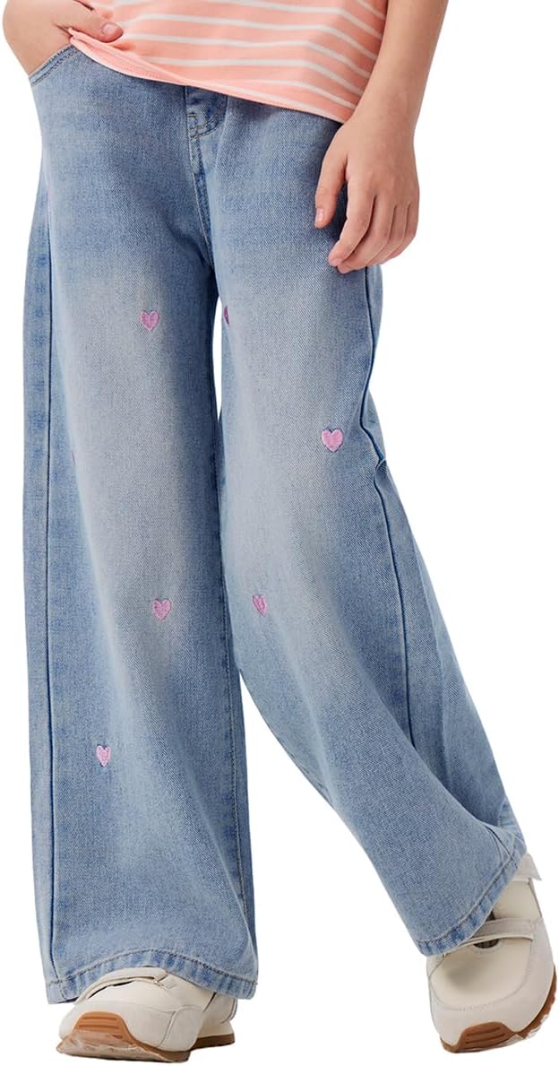 Girls Jeans Embroidery High Elastic Waist Denim Pants with Pockets Y2K Trendy Tween Streetwear 5-14 Years