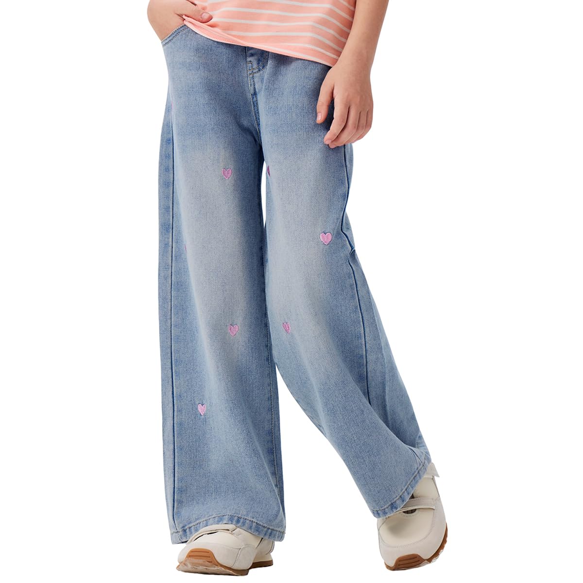 Girls Jeans Embroidery High Elastic Waist Denim Pants with Pockets Y2K Trendy Tween Streetwear 5-14 Years
