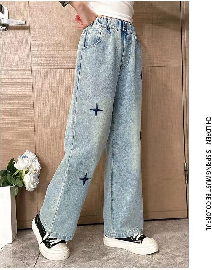 New Spring and Autumn Girls' Jeans, Children's Loose Casual Cowboy Wide Leg Pants Blue