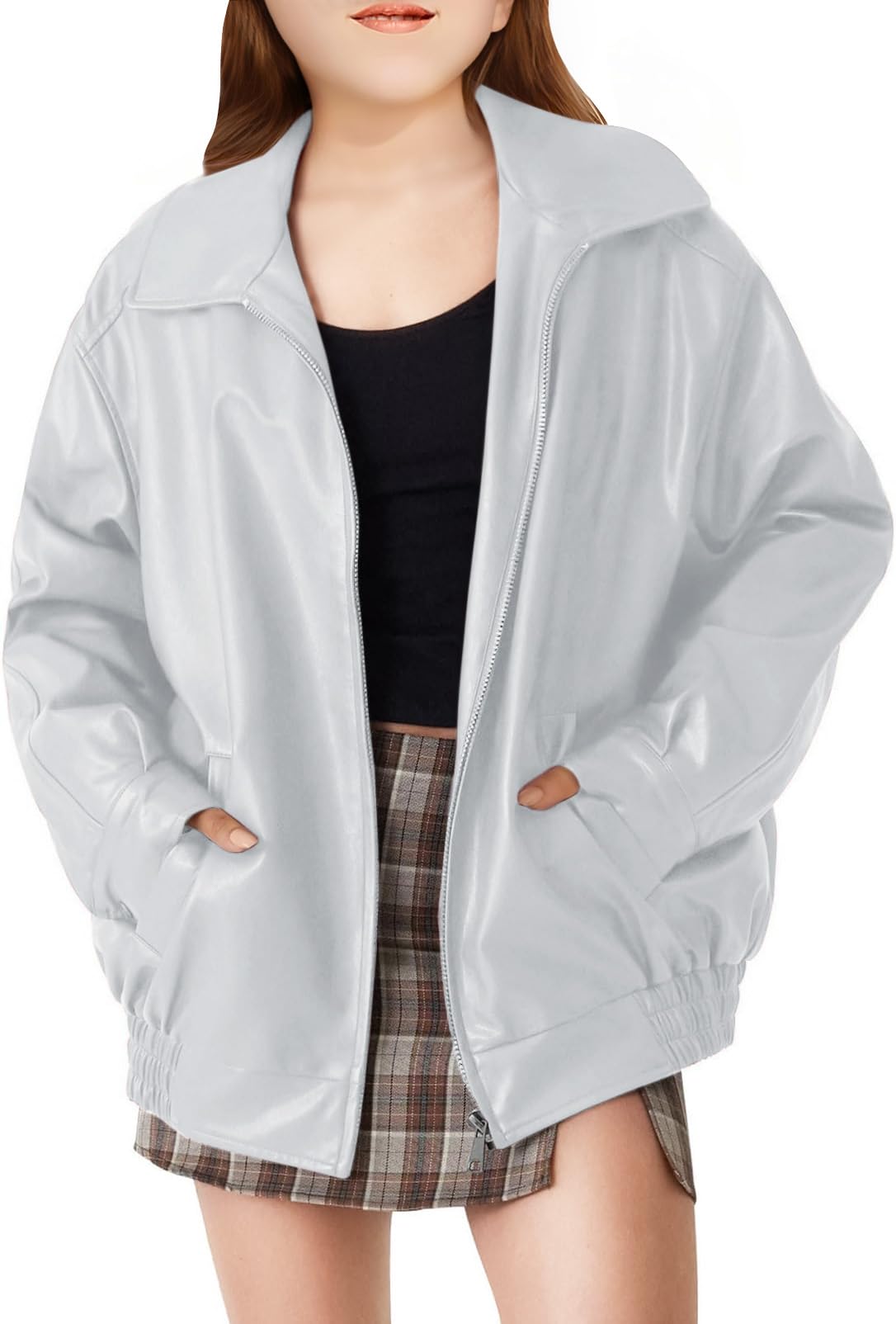 CharmWM Girls Oversized Faux Leather Jackets Kids Zip Up Fall Winter Motorcycle Biker Coats Outerwear