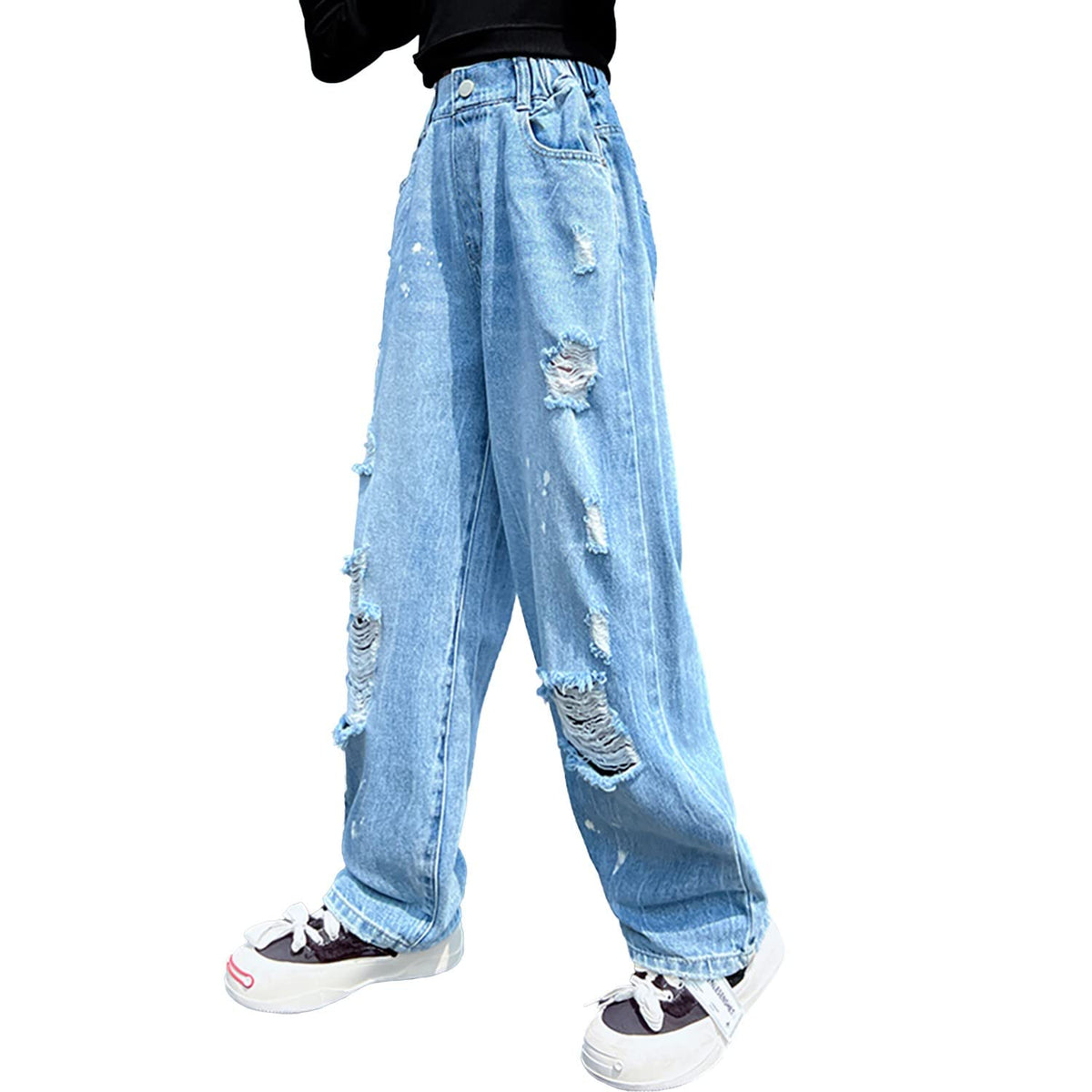 Rolanko Girls Jeans Denim Elastic Wasit Wide Leg Baggy Pants Kids Clothes 4-14 Years