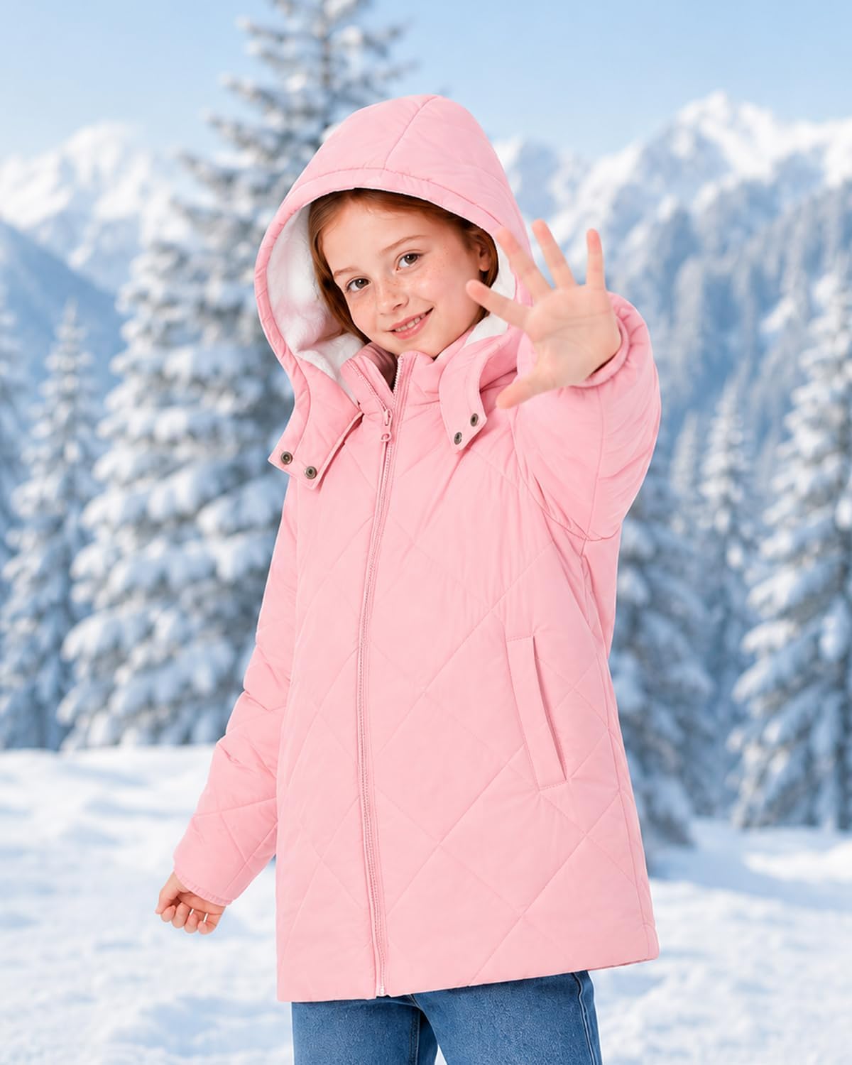 Funnycokid Girls Winter Coat Fleece Lined Hooded Puffer Jacket Warm Outwear