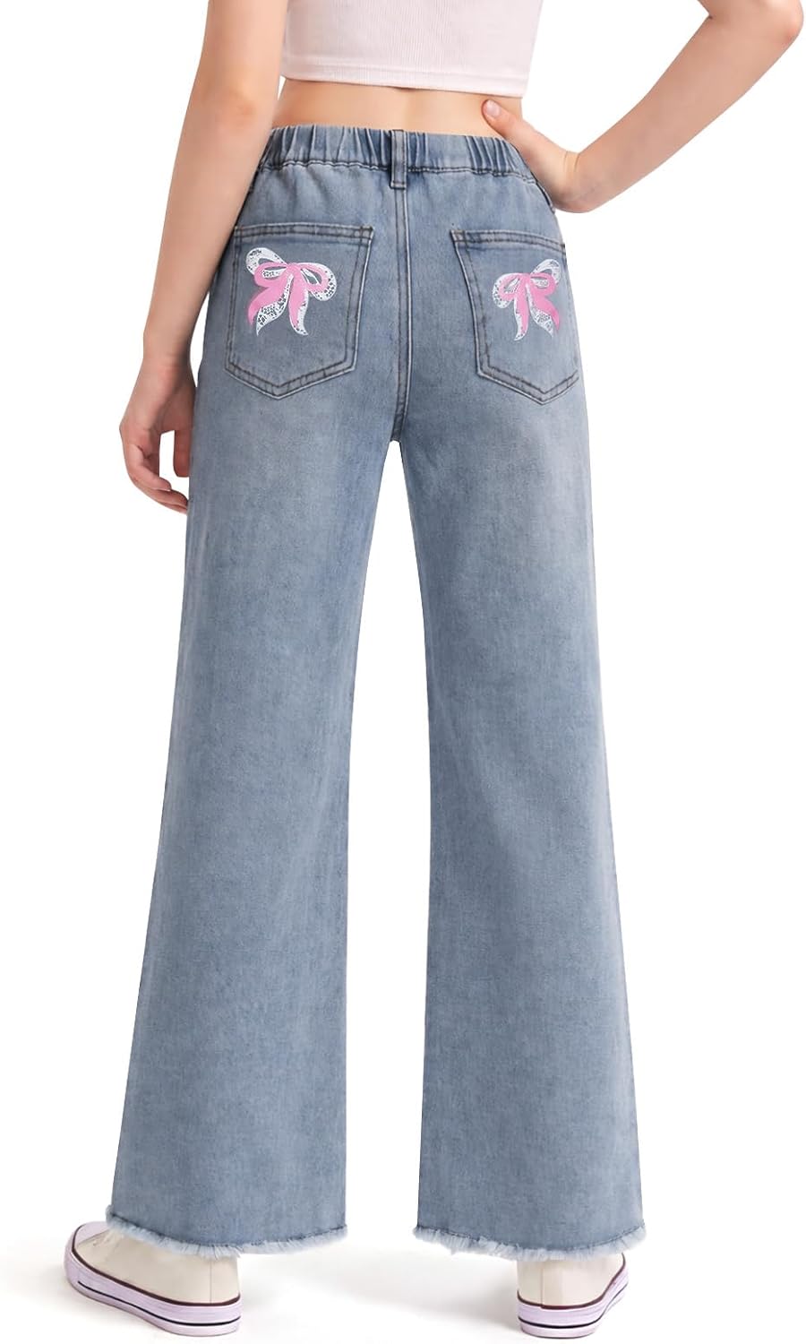 Haloumoning Girls Flare Jeans Kids Bow Print Back Elastic High Waist Wide Leg Denim Pants with Pockets 5-14 Years