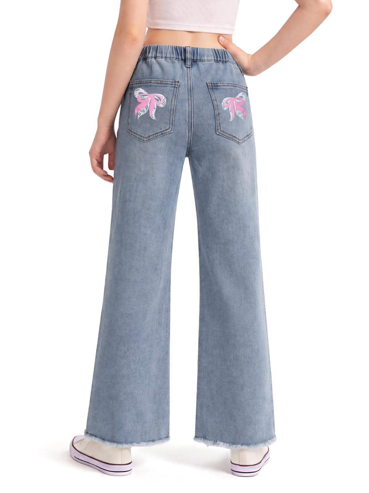Haloumoning Girls Flare Jeans Kids Bow Print Back Elastic High Waist Wide Leg Denim Pants with Pockets 5-14 Years