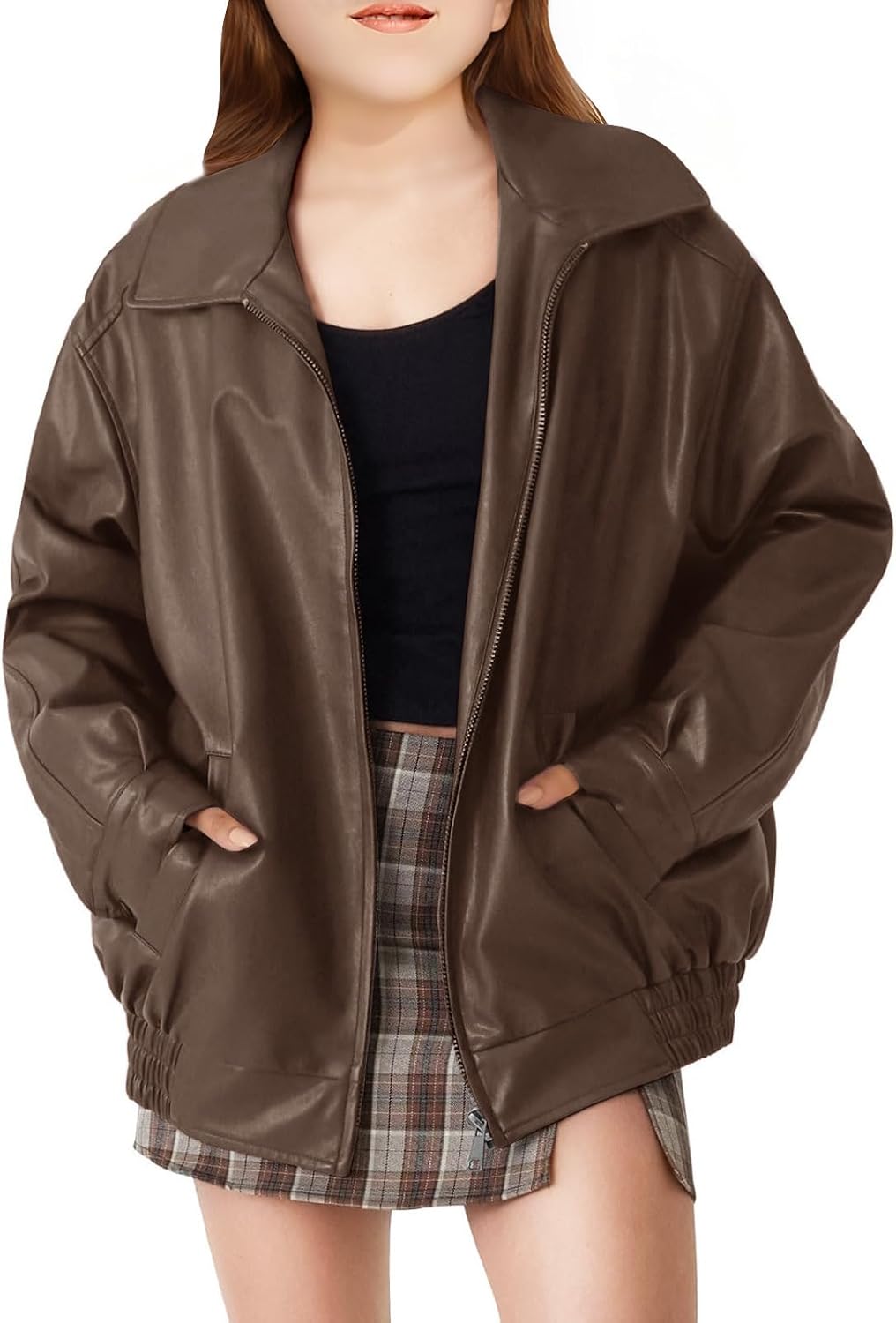 CharmWM Girls Oversized Faux Leather Jackets Kids Zip Up Fall Winter Motorcycle Biker Coats Outerwear