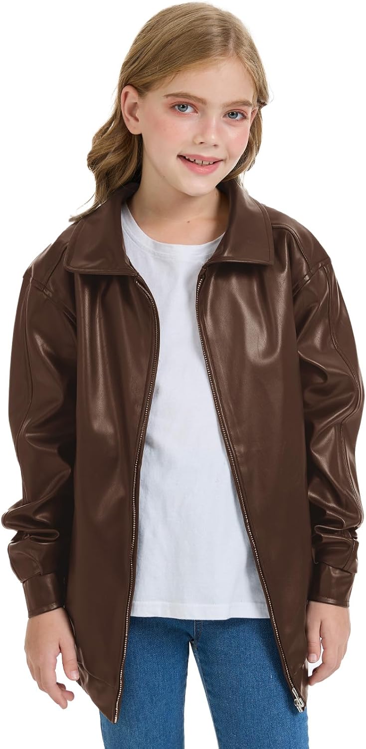 CharmWM Girls Oversized Faux Leather Jackets Kids Zip Up Fall Winter Motorcycle Biker Coats Outerwear
