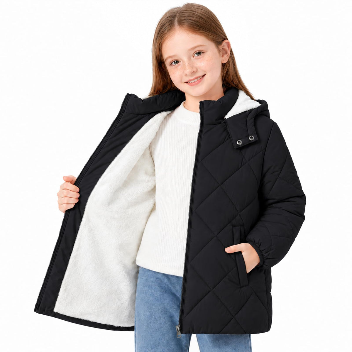 Funnycokid Girls Winter Coat Fleece Lined Hooded Puffer Jacket Warm Outwear