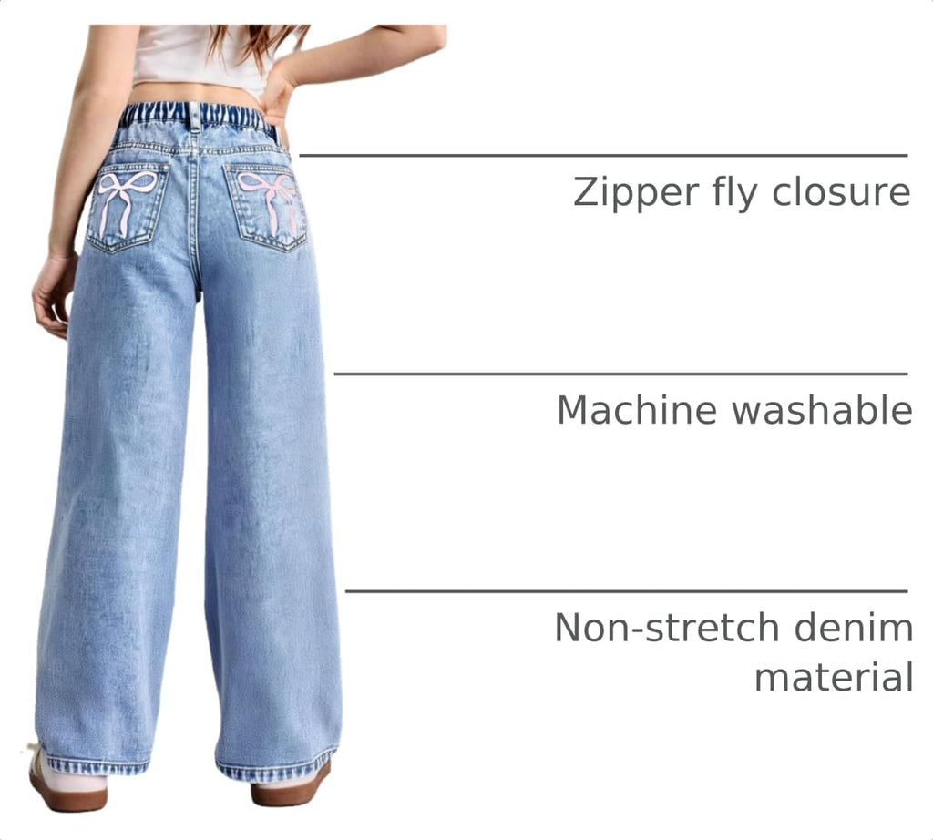 WDIRARA Girl's Bow Print Jeans Elastic High Waist Wide Leg Cute Denim Pants