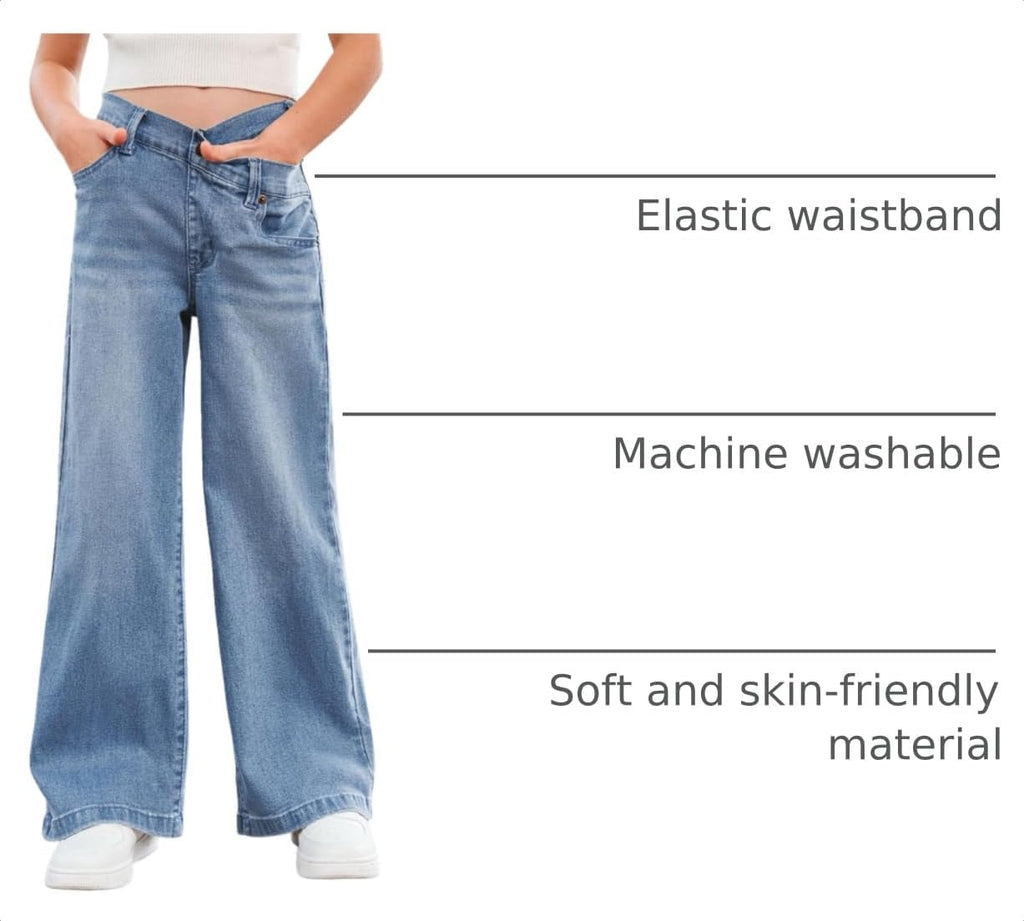rrhss Girls Flare Jeans Crossover Waisted Wide Leg Jeans Denim Pants for Kids