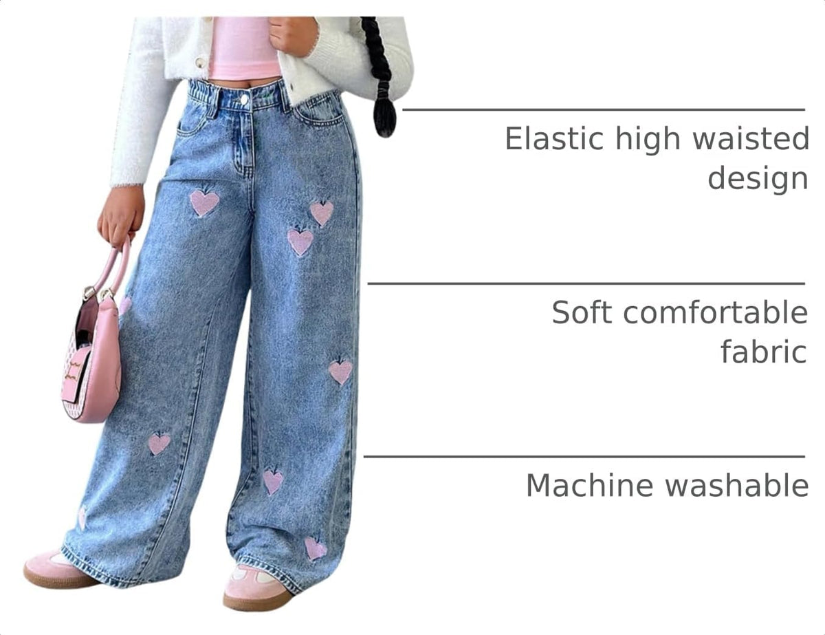 WDIRARA Girl's Heart Embroidered Jeans Elastic Wide Leg Denim Pants
