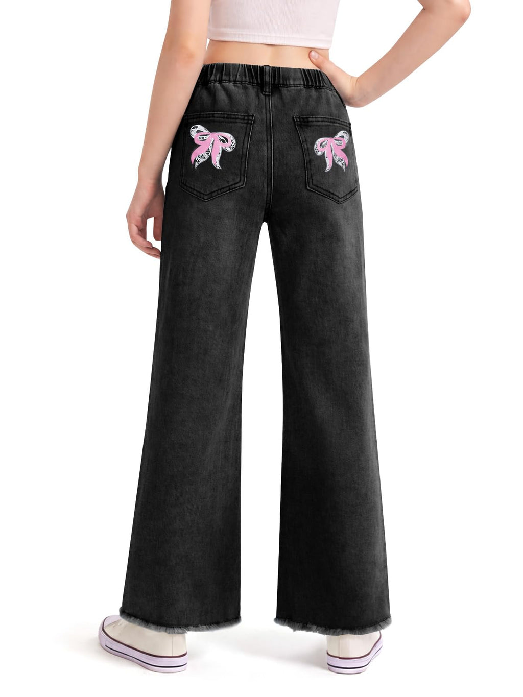 Haloumoning Girls Flare Jeans Kids Bow Print Back Elastic High Waist Wide Leg Denim Pants with Pockets 5-14 Years