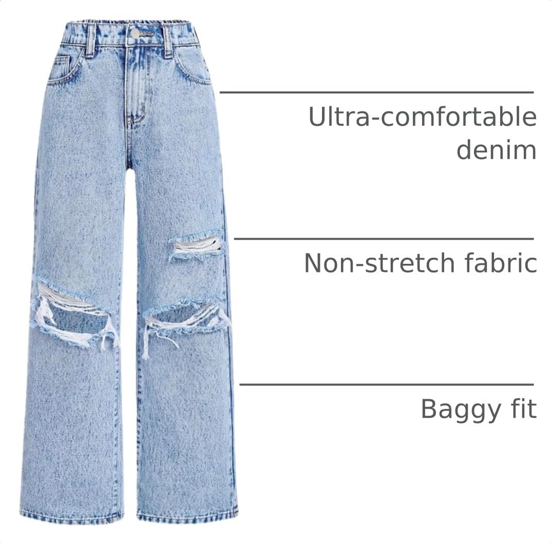 oyyniis Baggy Jeans for Girls Wide Leg Ripped High Elastic Waisted Denim Pants Cute Summer Trousers Y2K Streetwear 7-14Y