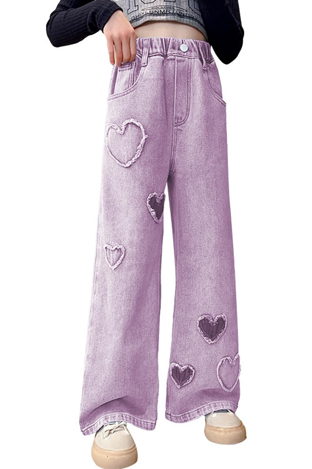 AOWKULAE Girls Baggy Jeans Wide Leg Cargo Denim Pants Kids 5-16Y