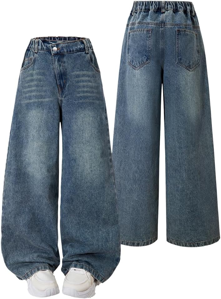 Nivne Tco Tween Girls Wide Leg Jeans, Zipper Washed Asymmetrical Waist Vintage Baggy Denim Pants with Five Pockets