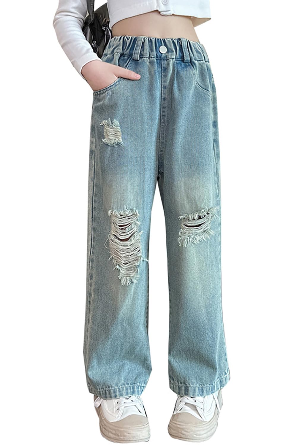 AOWKULAE Girls Baggy Jeans Wide Leg Cargo Denim Pants Kids 5-16Y