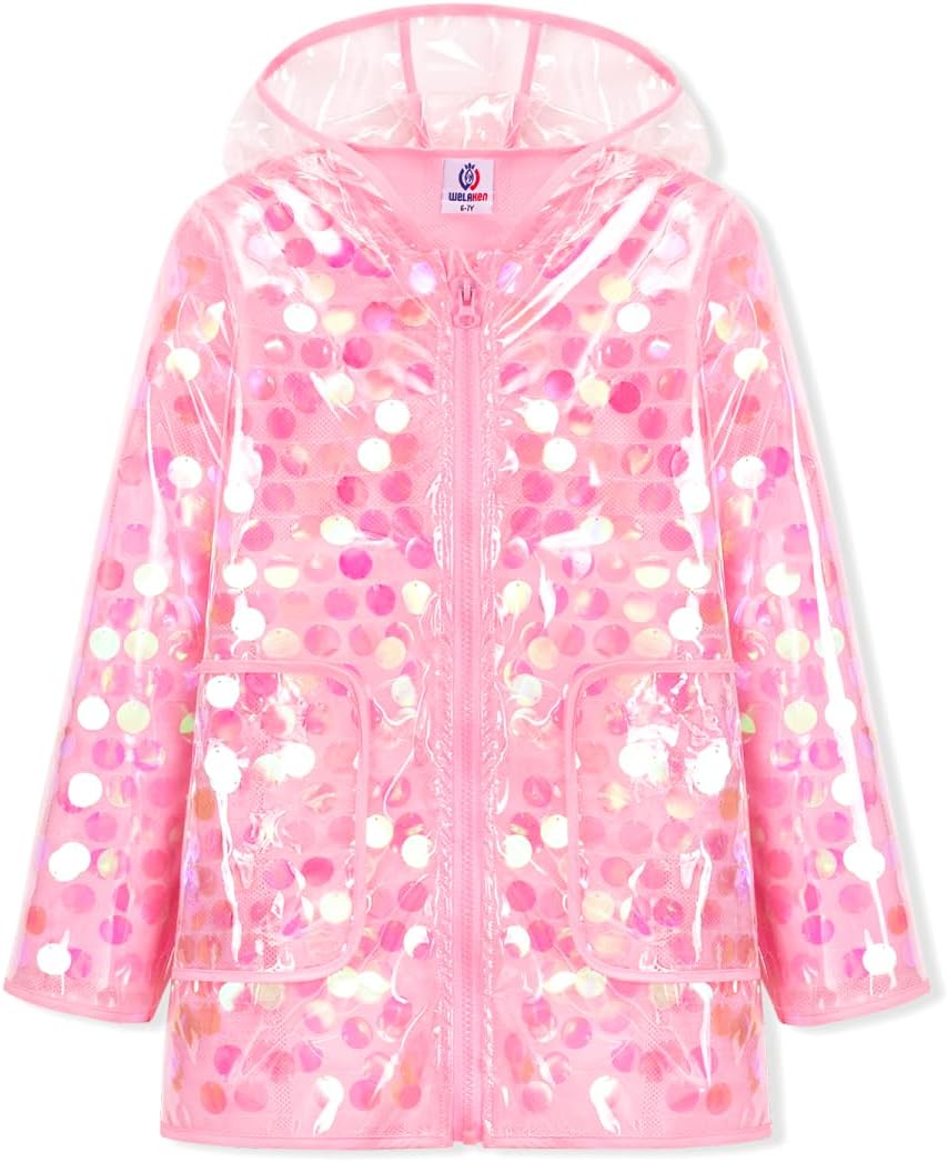 Girls Sequin Raincoat Waterproof Reusable Hooded Outwear Rain Jacket