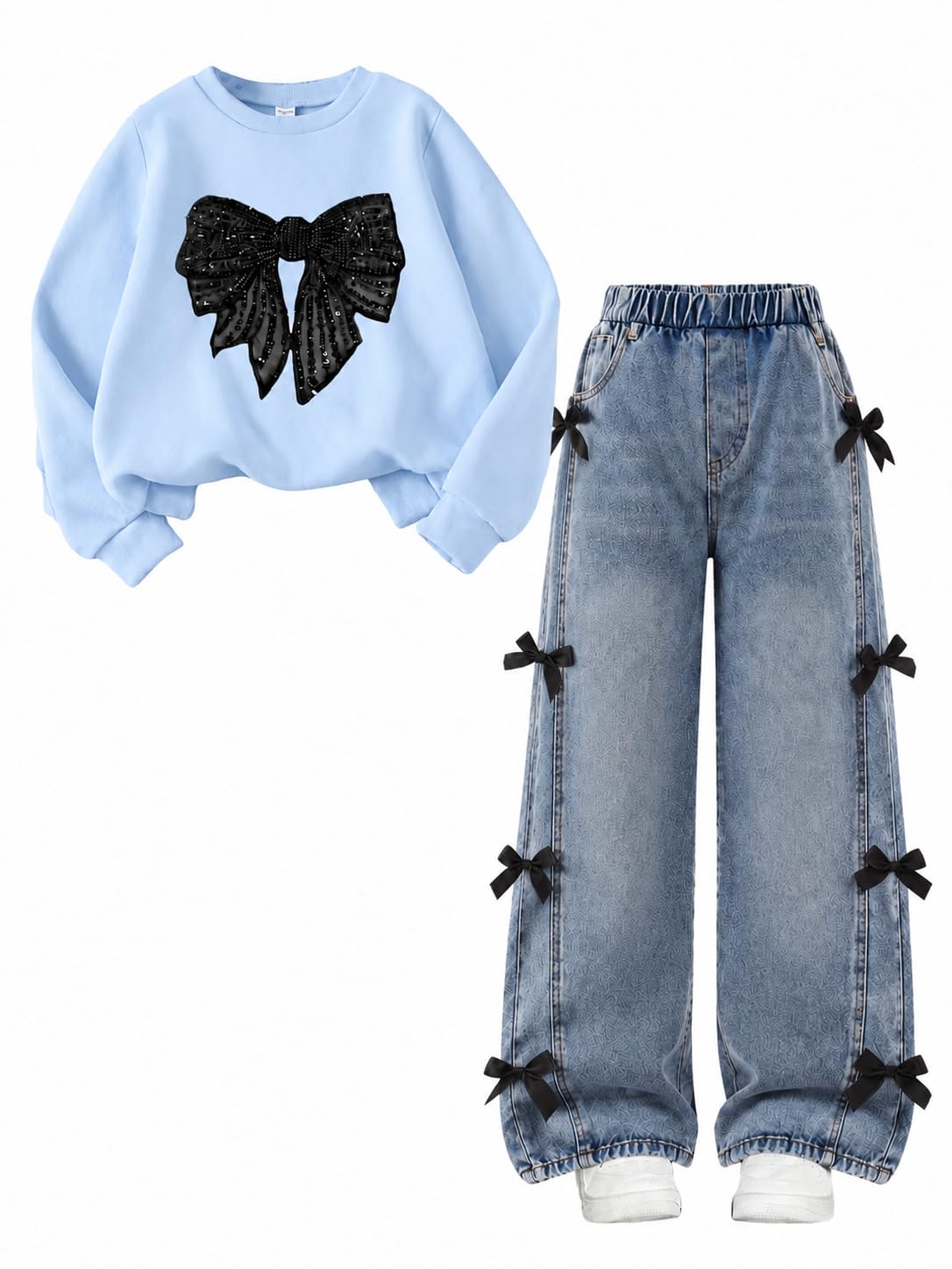 Cakaner Girls Clothes 2 Piece Fall Outfit Set Bow Long Sleeve Top and Denim Jeans Size 6-12