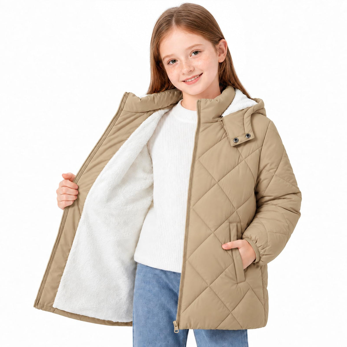 Funnycokid Girls Winter Coat Fleece Lined Hooded Puffer Jacket Warm Outwear