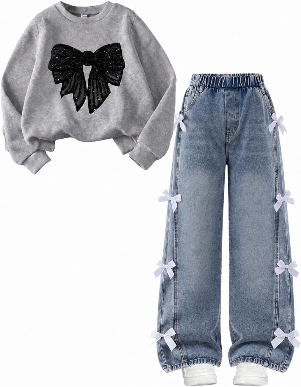 Cakaner Girls Clothes 2 Piece Fall Outfit Set Bow Long Sleeve Top and Denim Jeans Size 6-12