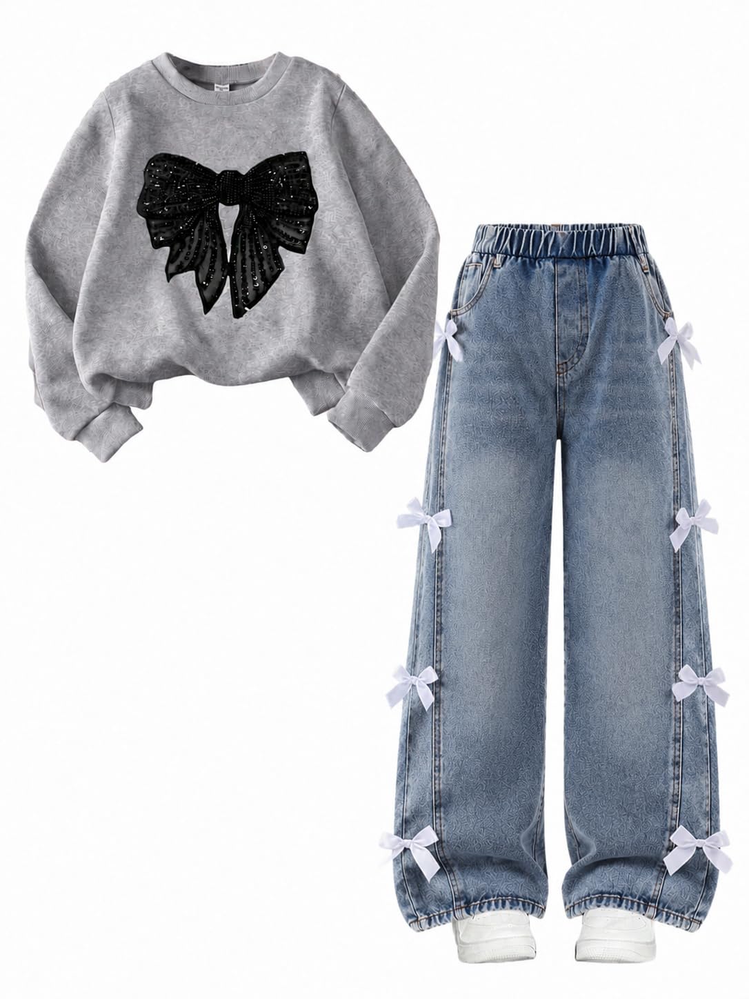 Cakaner Girls Clothes 2 Piece Fall Outfit Set Bow Long Sleeve Top and Denim Jeans Size 6-12
