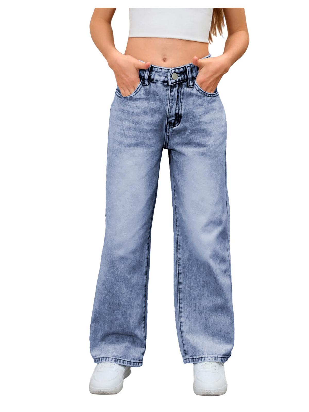 MakeMeChic Girl's Baggy Jeans Wide Straight Leg Denim Pants Kids 4-16Y