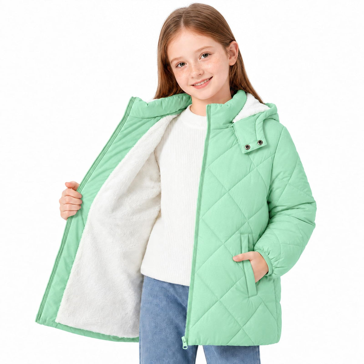 Funnycokid Girls Winter Coat Fleece Lined Hooded Puffer Jacket Warm Outwear