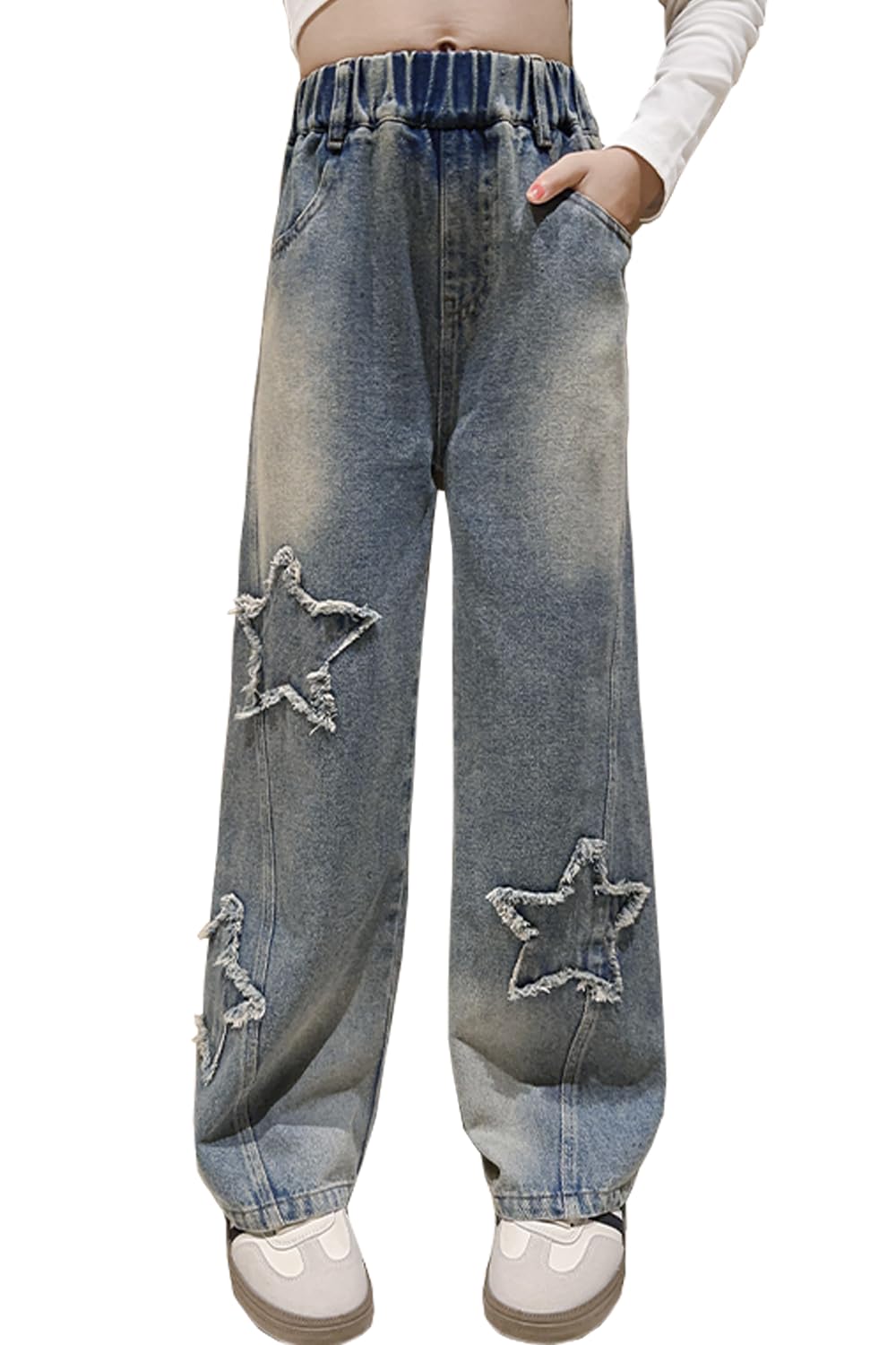 AOWKULAE Girls Baggy Jeans Wide Leg Cargo Denim Pants Kids 5-16Y
