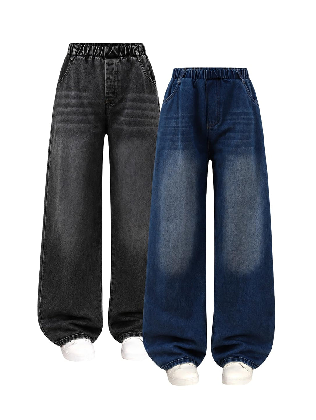 Girls 2 Pack Jeans Wide Leg High Waist Denim Pants with Elastic Waist, Loose Fit Jeans for School Size 7-16