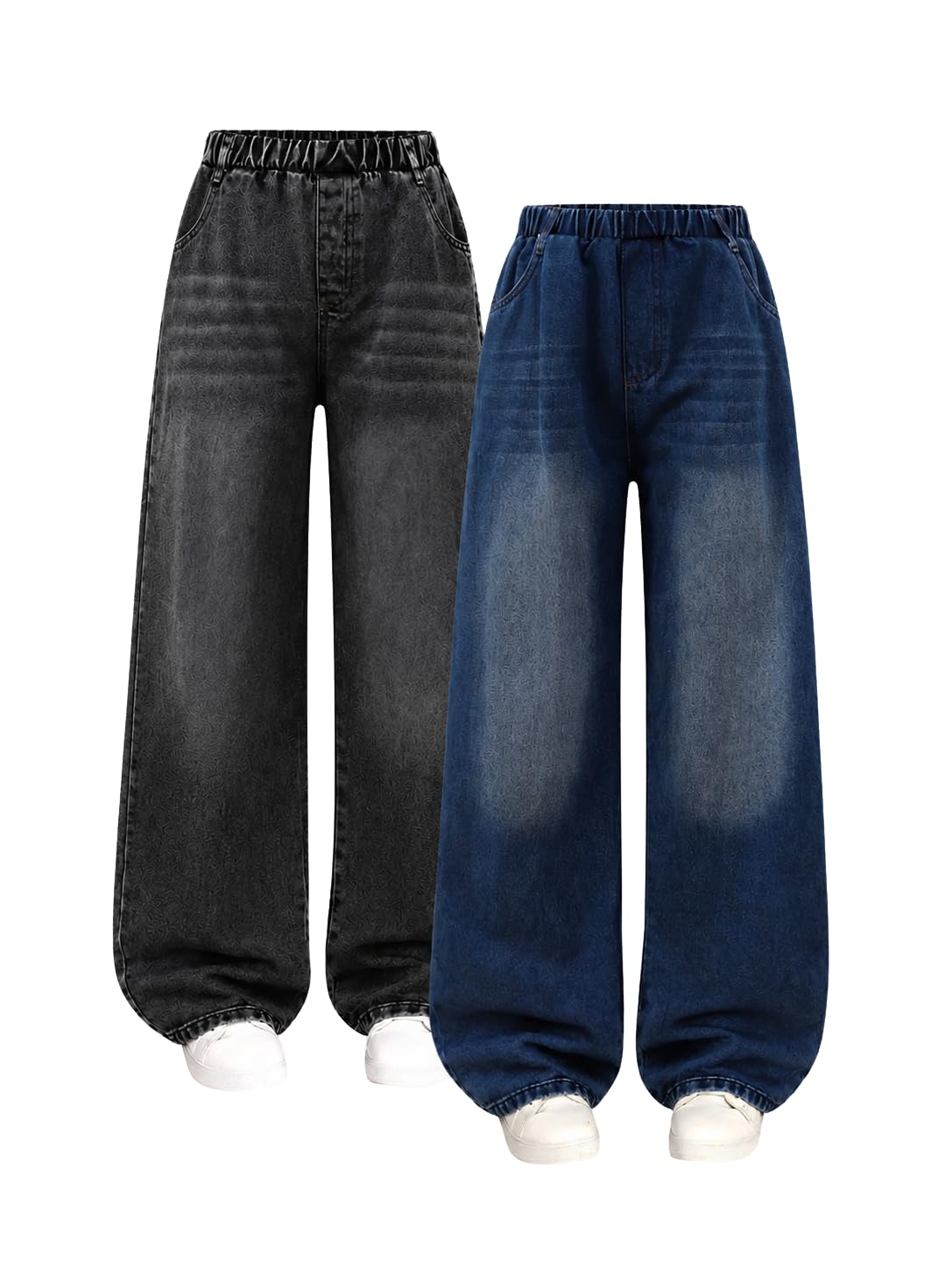 Girls 2 Pack Jeans Wide Leg High Waist Denim Pants with Elastic Waist, Loose Fit Jeans for School Size 7-16