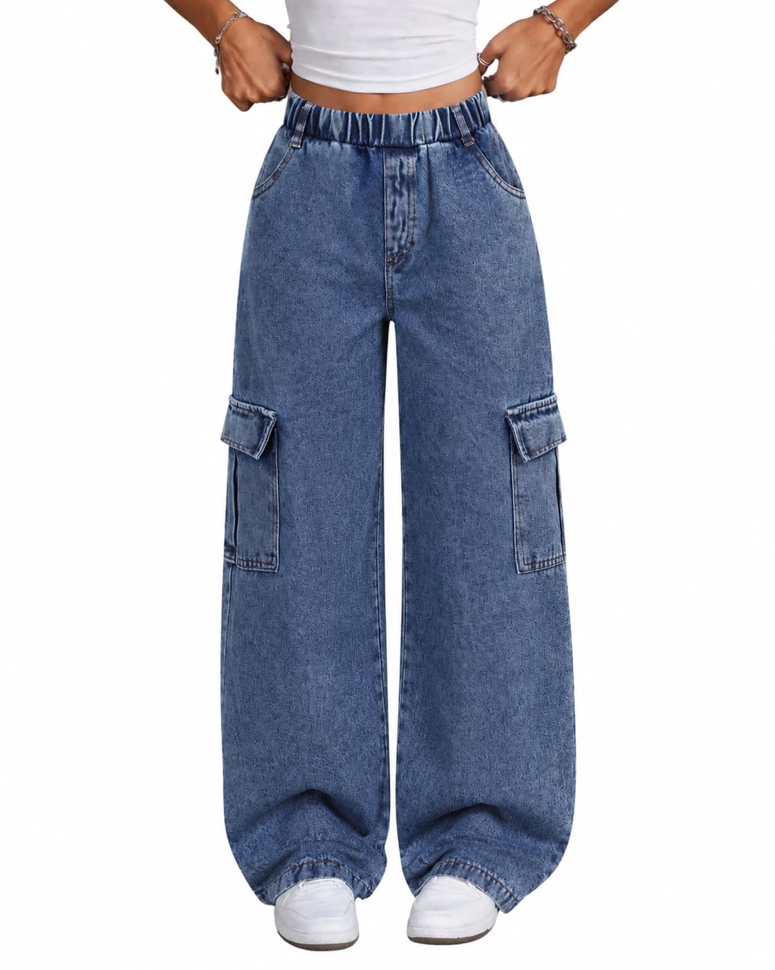 Azmxynol Girls Jeans Denim Cargo Pants Wide Leg Tween Girl High Waist Jean Pant, Size 9-16 Years
