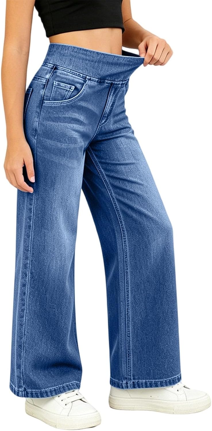 Wide Leg Jeans Teen Girls Elastic Waist Pull on Stretchy Straight Leg Denim Pants High Waisted Tummy Control Sweatpants Jean